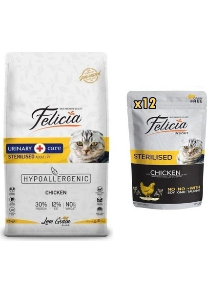 Tavuklu Kısırlaştırılmış Yetişkin Kedi Maması 12 kg + Felicia Yaş Mama 85 gr x 12 Adet