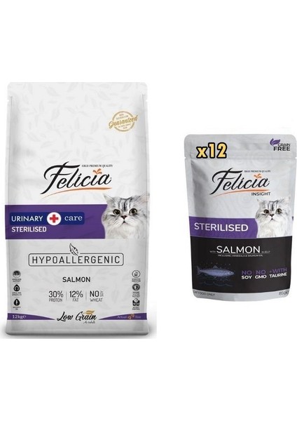 Kısırlaştırılmış Somonlu Kedi Maması 12 kg + Felicia Yaş Mama 85 gr x 12 Adet