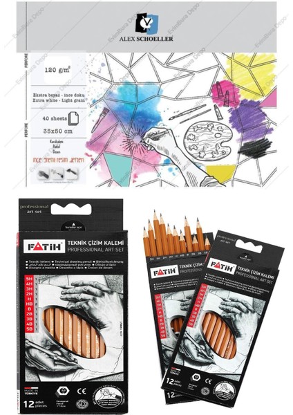 Alex Scholler Resim Defteri Spiralli 40 Yaprak 12 Adet Uçlu Fatih Çizim Kalemi 2'li Set 35 x 50 cm