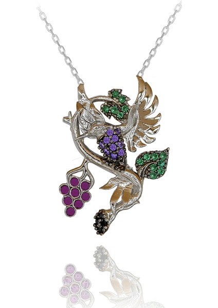 Üzüm Dalına Konmuş Arı Kuşu Gümüş Kolye