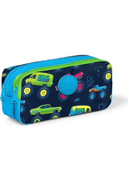 Kids Mavi Lacivert Monster Truck Desenli Iki Bölmeli Kalem Çantası 22285