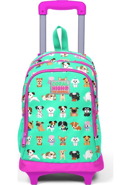 Kids Su Yeşili Köpek Desenli Işıklı Tekerlekli Iki Bölmeli Çekçekli Sırt Çantası 23362 modelleri