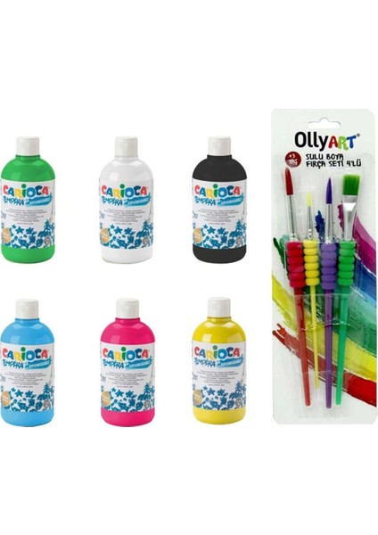 Tempera Süper Yıkanabilir Guaj - Sulu Boya Seti 6 Renk x 250 ml + Fırça Seti 4'lü