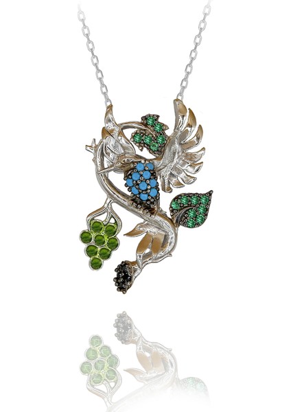 Üzüm Dalına Konmuş Arı Kuşu Gümüş Kolye