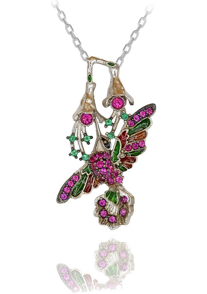 Fuşya Taşlı Çiçekli Mineli Arı Kuşu Gümüş Kolye