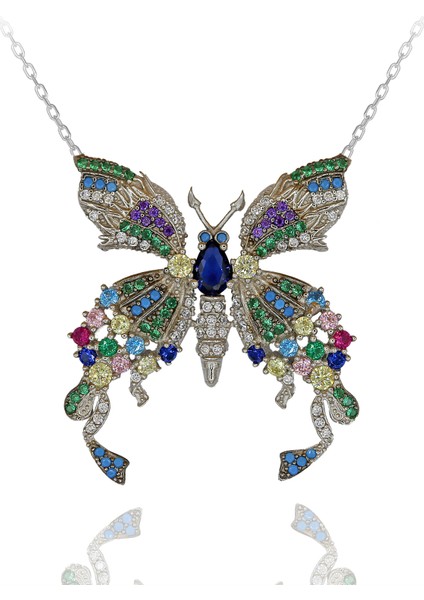 Renkli Taşlı Kelebek Gümüş Kolye