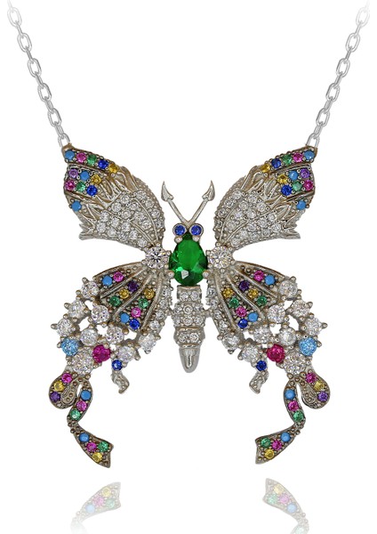 Renkli Taşlı Kelebek Gümüş Kolye