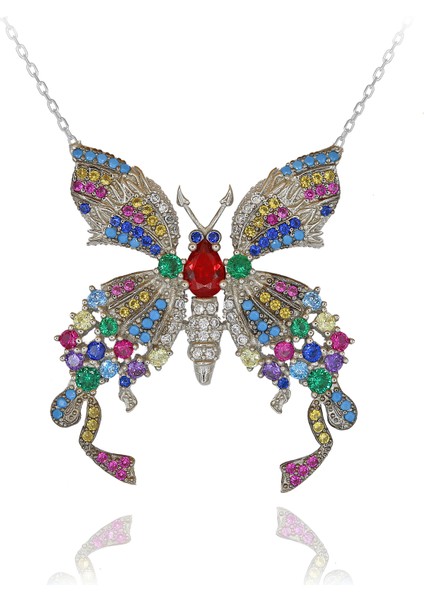 Renkli Taşlı Kelebek Gümüş Kolye