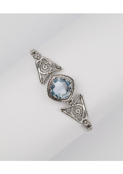925 Ayar Gümüş Otantik El Işçiliği Telkari Doğal Sky Blue Topaz Taşlı Ayarlanabilir Kadın Bileklik