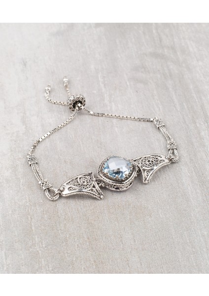 925 Ayar Gümüş Otantik El Işçiliği Telkari Doğal Sky Blue Topaz Taşlı Ayarlanabilir Kadın Bileklik fiyatları