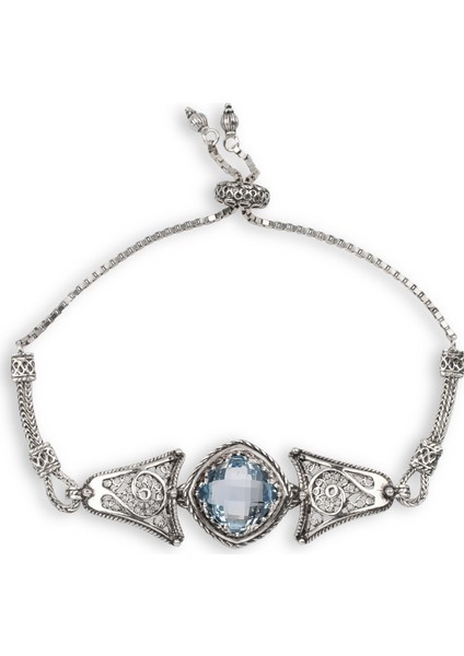 925 Ayar Gümüş Otantik El Işçiliği Telkari Doğal Sky Blue Topaz Taşlı Ayarlanabilir Kadın Bileklik modelleri