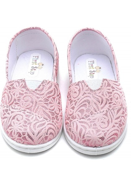 Çiçek Desenli Keten Çocuk Babet AYAKKABI-PEMBE-F-485