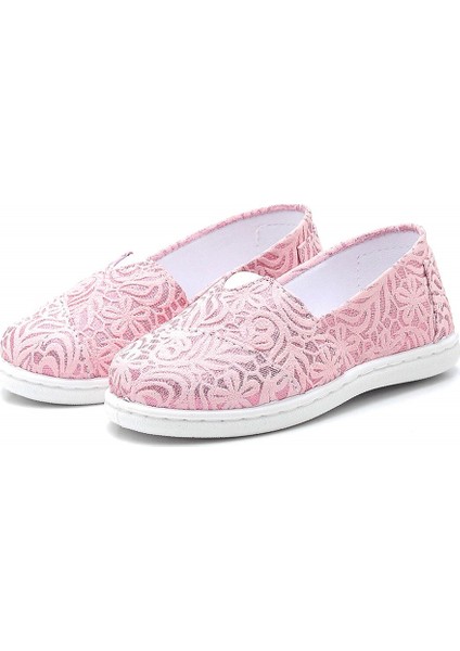 Çiçek Desenli Keten Çocuk Babet AYAKKABI-PEMBE-F-485
