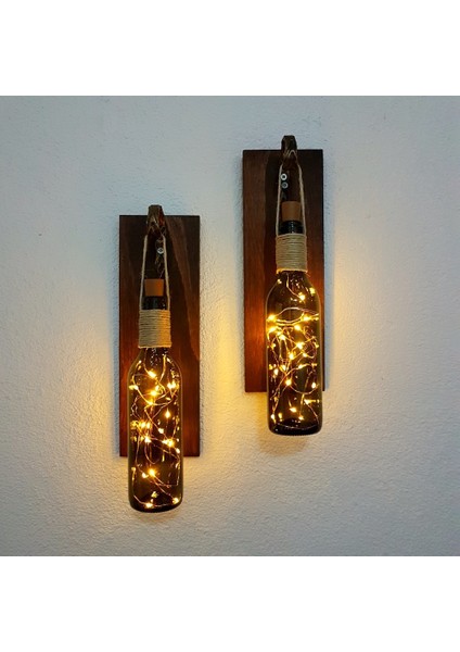 Retro Yeşil Şişeli LED Işıklı, Ceviz Aplik, 2 Li Set