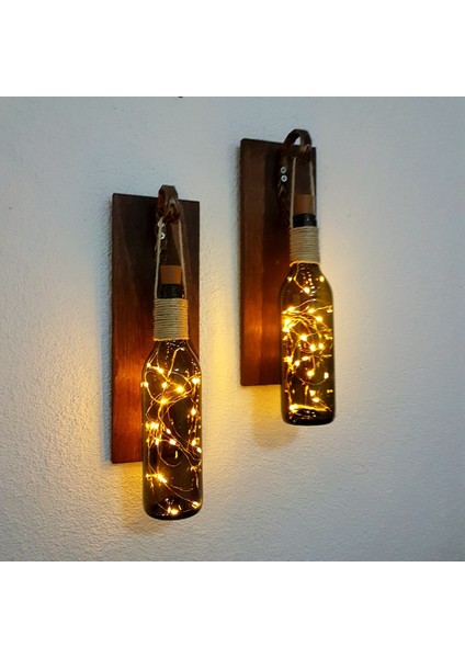 Retro Yeşil Şişeli LED Işıklı, Ceviz Aplik, 2 Li Set