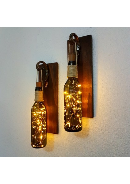 Retro Yeşil Şişeli LED Işıklı, Ceviz Aplik, 2 Li Set