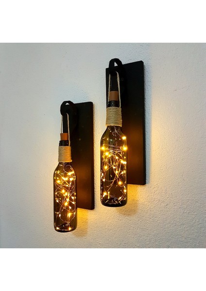 Retro Yeşil Şişeli LED Işıklı Mat Siyah Aplik 2'li Set