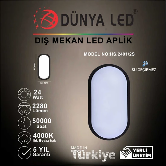 Dünya LED HS.2401/2-S 24W Siyah Kasa LED Glob Armatür 4000K Ilık Beyaz Işık