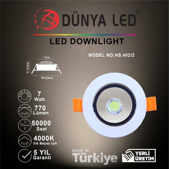 Dünya LED HS.402/2 5W Cob Lensli LED Downlıght Beyaz 4000K Ilık Beyaz Işık