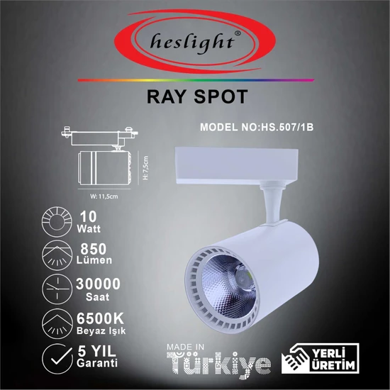 Heslight HS.507/1B 10W Cob LED Ray Spot Beyaz 6500K Beyaz Işık