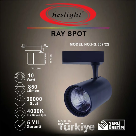 Heslıght HS.507/2S 10W Cob LED Ray Spot Siyah Kasa 4000K Ilık Beyaz Işık