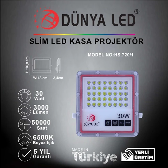 Dünya LED HS.720/1 30W Smd LED Slim Projektör 6500K Beyaz Işık