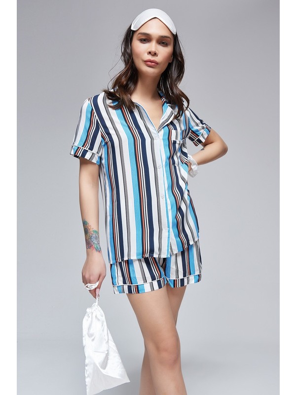 For You Moda Kadın 5 li Laci Mavi Çizgili Penye Pijama Takımı S26611