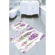 Resmiro Lavanta Bahçesi Desenli Kaymaz Taban Yıkanabilir 2'li Desenli Banyo Paspası (50X60 cm - 60X100 Cm)