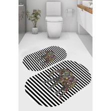 Resmiro Çizgili Çiçekli Fil Desenli Kaymaz Taban Yıkanabilir 2'li Desenli Banyo Paspası (50X60 cm - 60X100 Cm)