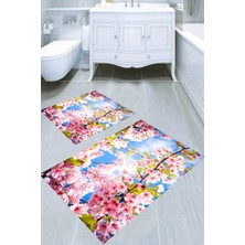 Resmiro Kır Çiçekleri Güneş Yansıması Desenli Kaymaz Taban Yıkanabilir 2'li Desenli Banyo Paspası (50X60 cm - 60X100 Cm)