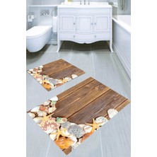Resmiro Ahşap Zemin ve Deniz Kabukları Desenli Kaymaz Taban Yıkanabilir 2'li Desenli Banyo Paspası (50X60 cm - 60X100 Cm)
