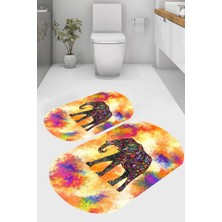 Resmiro Çiçekli Fil Desenli Kaymaz Taban Yıkanabilir 2'li Desenli Banyo Paspası (50X60 cm - 60X100 Cm)