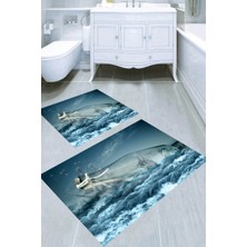Resmiro Cam Şişede Gemi Desenli Kaymaz Taban Yıkanabilir 2'li Desenli Banyo Paspası (50X60 cm - 60X100 Cm)