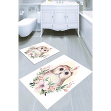 Resmiro Sevimli Baykuş Desenli Kaymaz Taban Yıkanabilir 2'li Desenli Banyo Paspası (50X60 cm - 60X100 Cm)