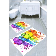 Resmiro Sulu Boya Efektli Papağan Desenli Kaymaz Taban Yıkanabilir 2'li Desenli Banyo Paspası (50X60 cm - 60X100 Cm)