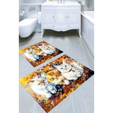 Resmiro Yağlı Boya Kedi Desenli Kaymaz Taban Yıkanabilir 2'li Desenli Banyo Paspası (50X60 cm - 60X100 Cm)