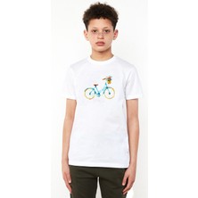 Qivi Watercolor Bicycle Baskılı Unisex Çocuk Beyaz T-Shirt