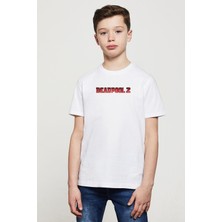 Deadpool 2 Logo Yazı Baskılı Unisex Çocuk Beyaz T-Shirt