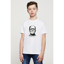 Frankenstein Baskılı Unisex Çocuk Beyaz T-Shirt