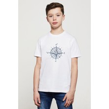 Watercolor Compass Pusula Baskılı Unisex Çocuk Beyaz T-Shirt