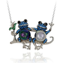 Turkuaz Taşlı Sevimli Aşık Kurbağa Gümüş Kolye