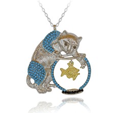 Turkuaz Taşlı Akvaryumda Balık Yakalayan Büyük Kedi Gümüş Kolye