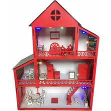 Belinay Montessori Ahşap Oyun Evi 60CM 18 Eşya LED Işıklı