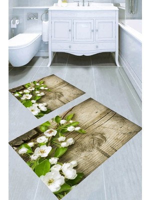 Resmiro Tahta Zemin Beyaz Çiçek Desenli Kaymaz Taban Yıkanabilir 2'li Desenli Banyo Paspası (50X60 cm - 60X100 Cm)