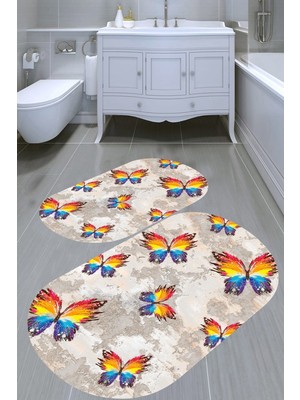 Resmiro Çizgili Kelebek Desenli Kaymaz Taban Yıkanabilir 2'li Desenli Banyo Paspası (50X60 cm - 60X100 Cm)