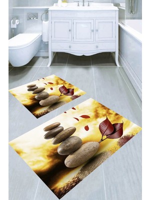 Resmiro Biriken Yüksek Taş Desenli Kaymaz Taban Yıkanabilir 2'li Desenli Banyo Paspası (50X60 cm - 60X100 Cm)