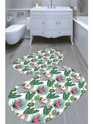 Resmiro Zebra ve Flamingo Desenli Kaymaz Taban Yıkanabilir 2'li Desenli Banyo Paspası (50X60 cm - 60X100 Cm)