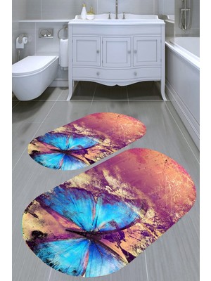 Resmiro Kelebek Eskitme Desenli Kaymaz Taban Yıkanabilir 2'li Desenli Banyo Paspası (50X60 cm - 60X100 Cm)