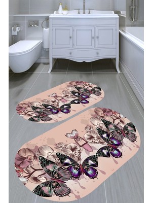Resmiro Kelebek Dünyası Desenli Kaymaz Taban Yıkanabilir 2'li Desenli Banyo Paspası (50X60 cm - 60X100 Cm)