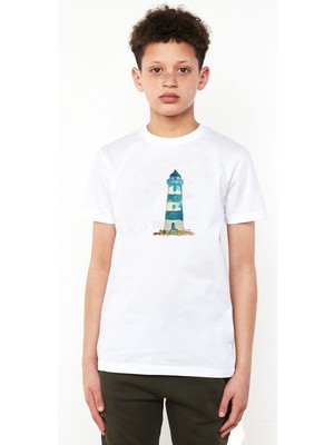 Qivi Watercolor Lighthouse Deniz Feneri Baskılı Unisex Çocuk Beyaz T-Shirt